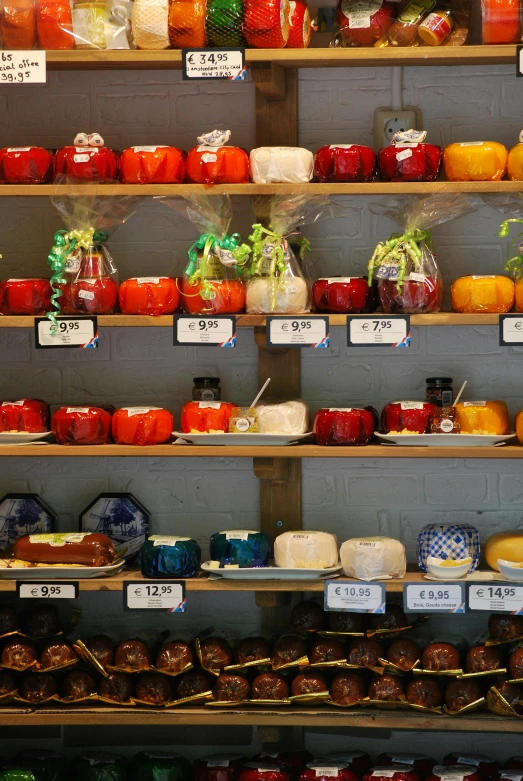 there are shelves full of different types and colors of foods