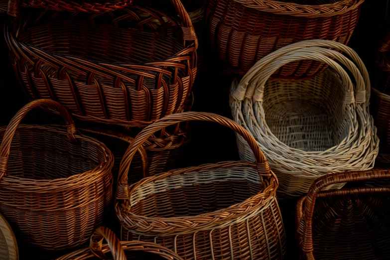 wicker baskets sitting in rows on top of each other