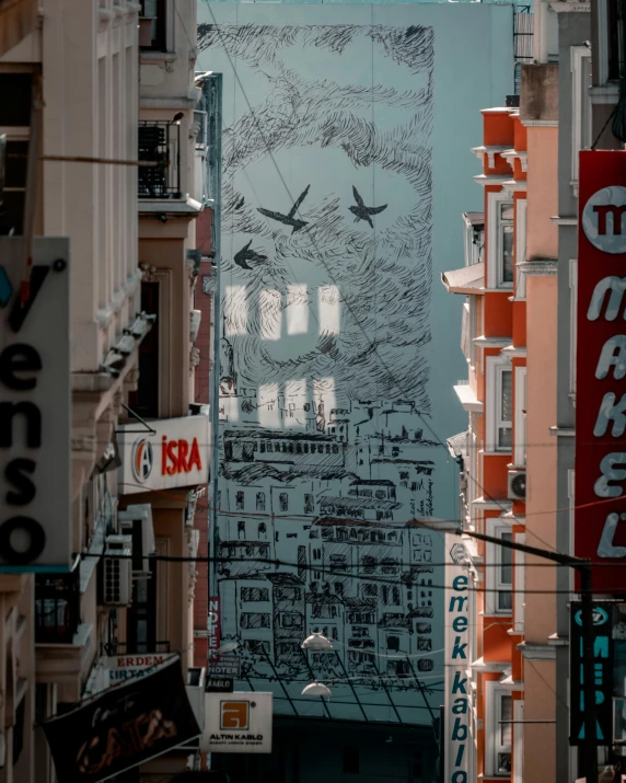 a city street filled with tall buildings covered in graffiti