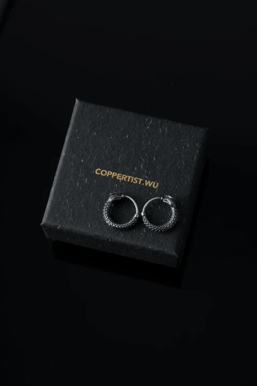 two earrings are on top of a black box