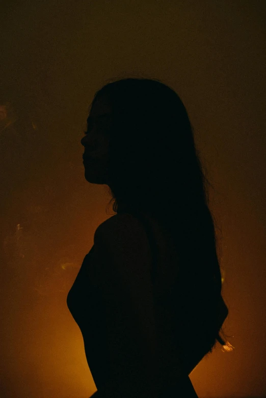 a woman's silhouette against a dark background, with the darkness of her head