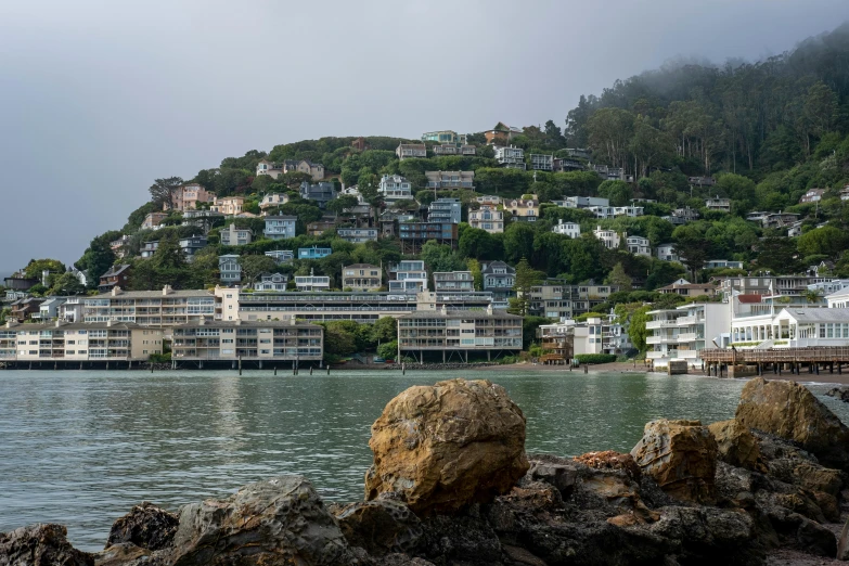 houses on a hillside overlooking the water at a pier