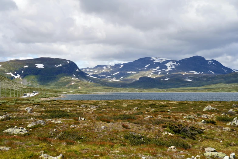 a grassy field with a lake and mountains in the background