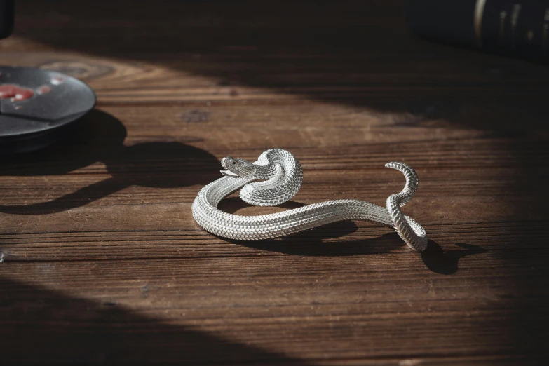 a silver snake is standing on a table