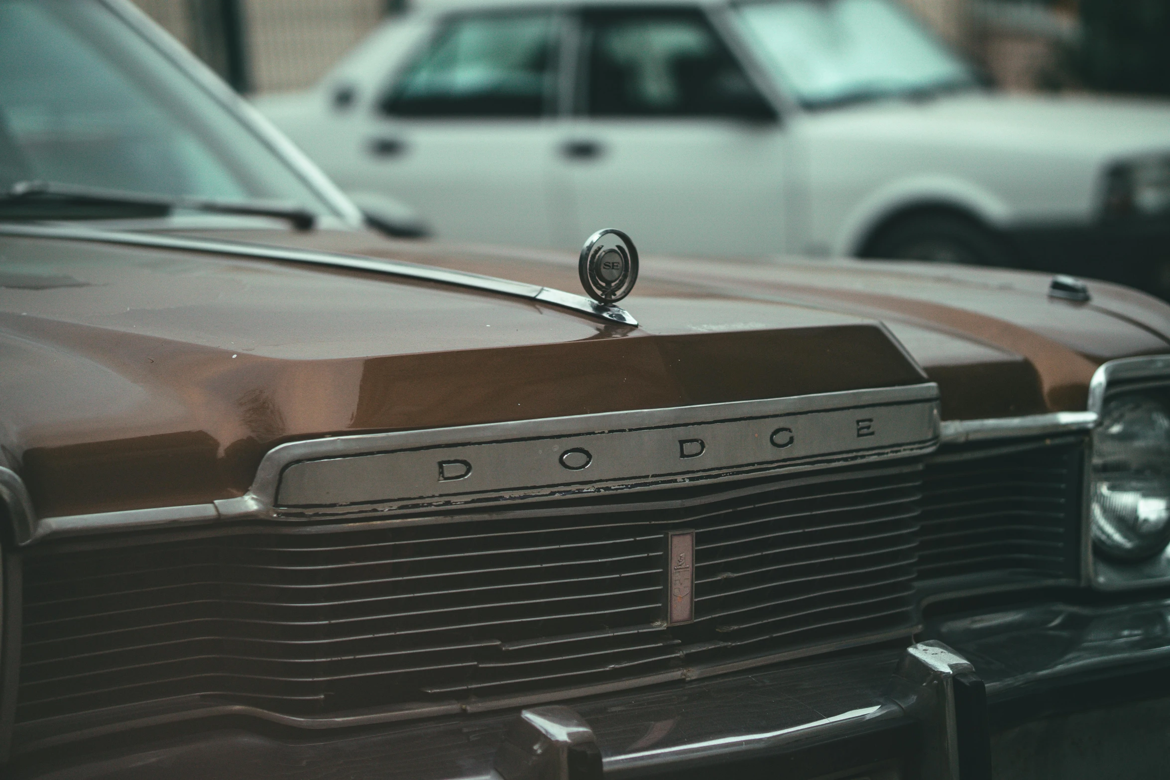 a close - up view of the hood ornament on a brown dodge