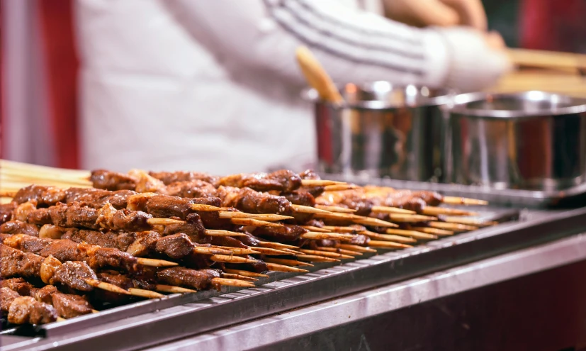 various skewered meat are prepared and stacked