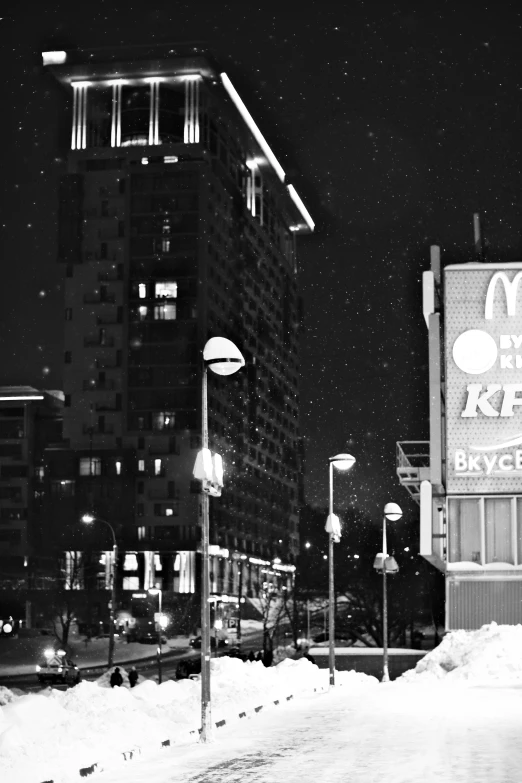 a night s of a building in the snow