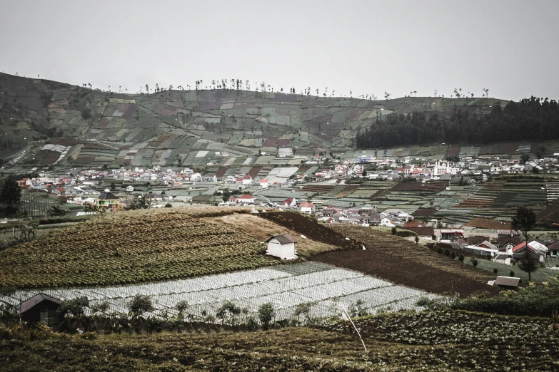 this landscape shows a town on top of a grassy hill