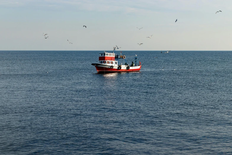 a fishing boat in a large body of water with seagulls flying overhead