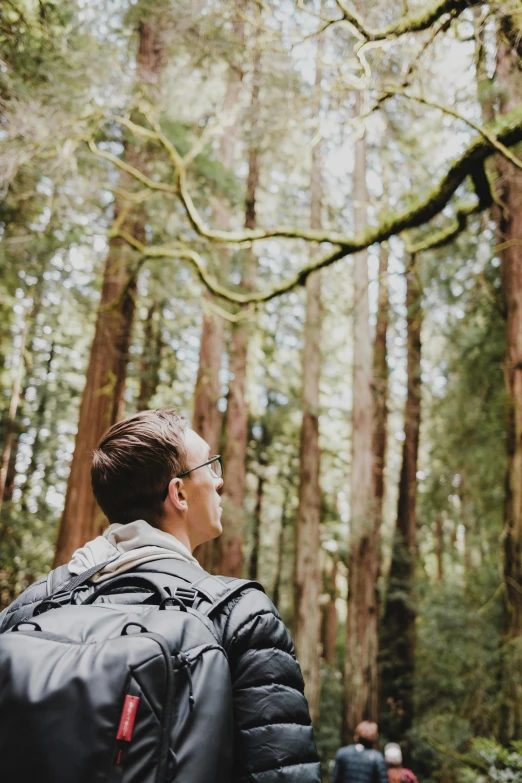 a person walking away from some trees and a few people