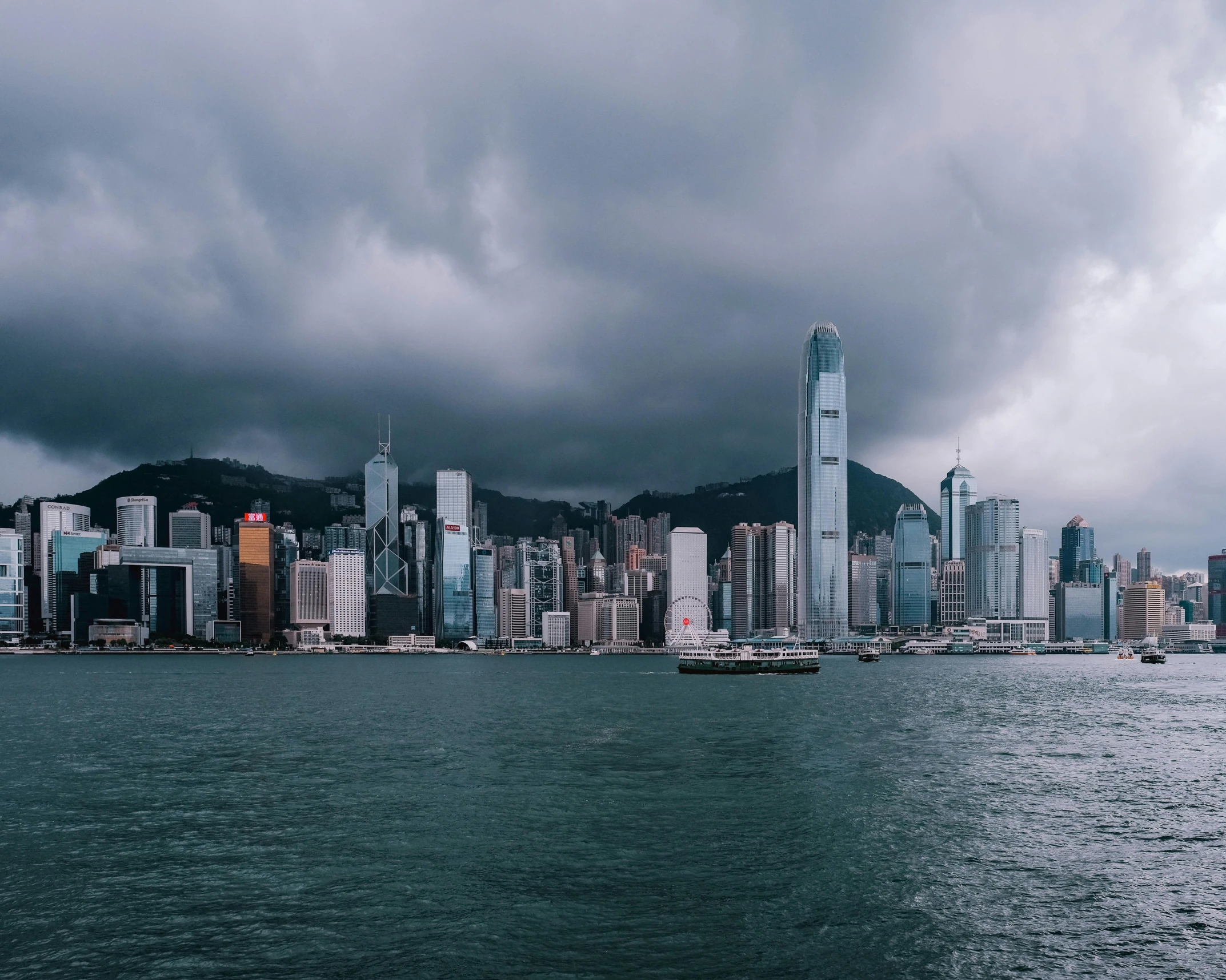 an overcast day over a large city in the ocean