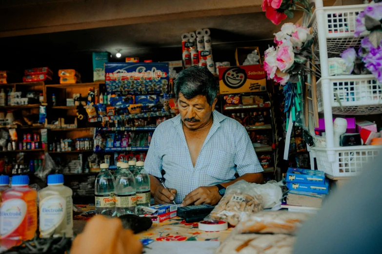 a man sits in front of a store