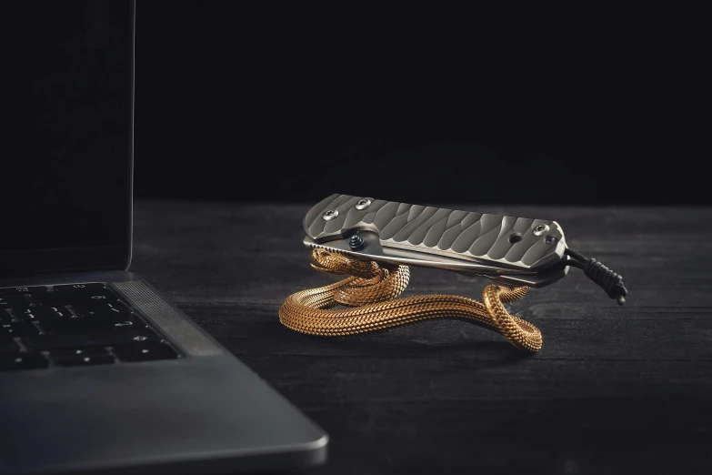 a laptop computer and gold chain on a table