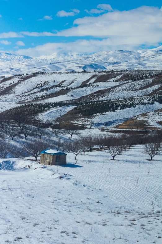 snowy landscape with fence, snow covered ground and mountains