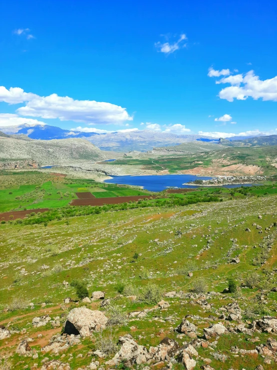 a field with a river and a valley in the distance