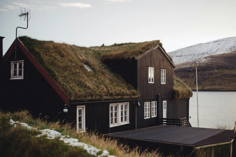 this is a house with grass on top and a boat in front of it