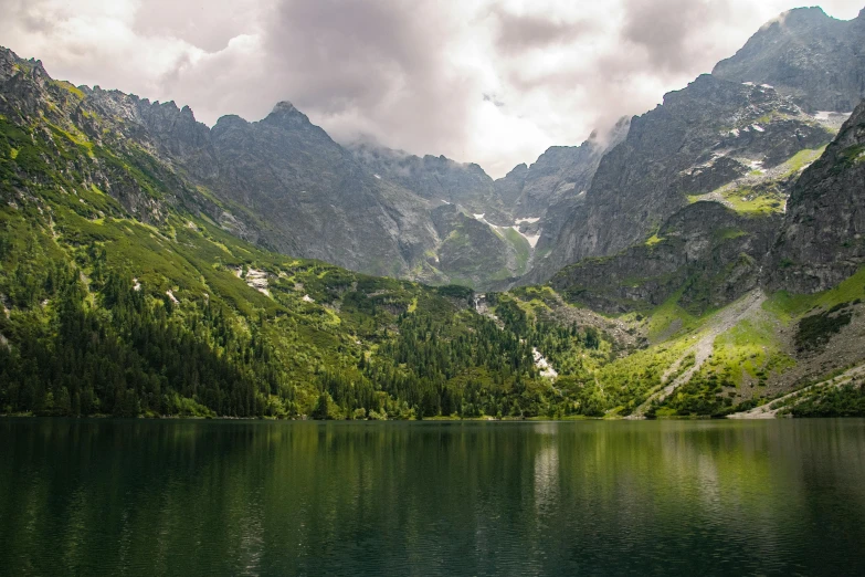 a lake surrounded by trees in the mountains