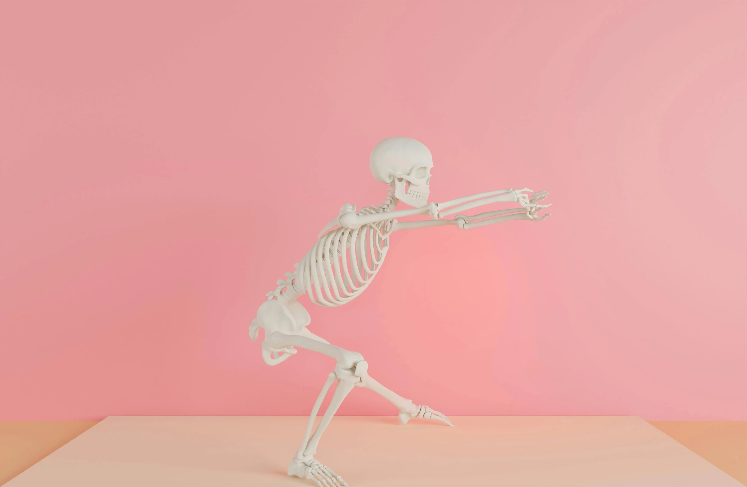 a skeletal figure running in front of a pink background