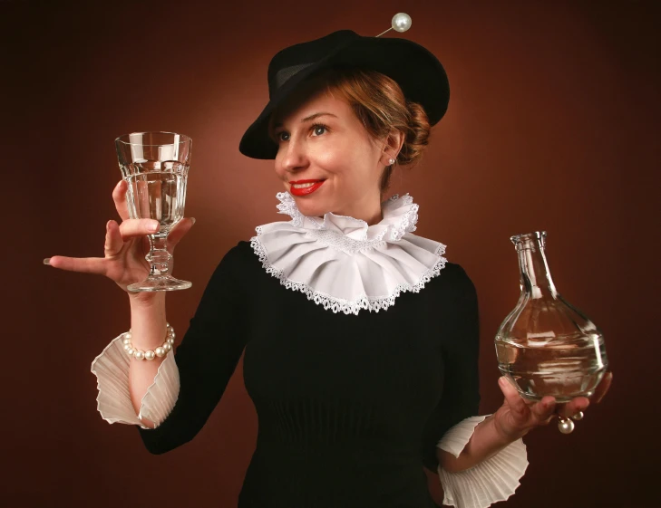 an image of a woman holding two flasks