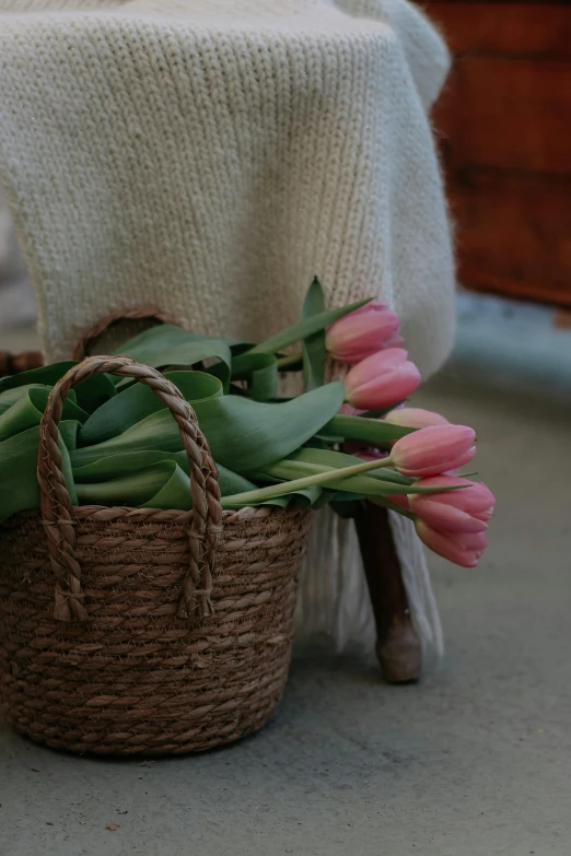 three flowers are in a basket near a cloth