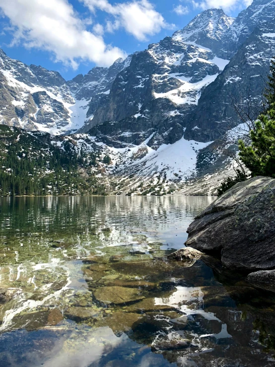 the mountain peaks reflected in a still pool of water