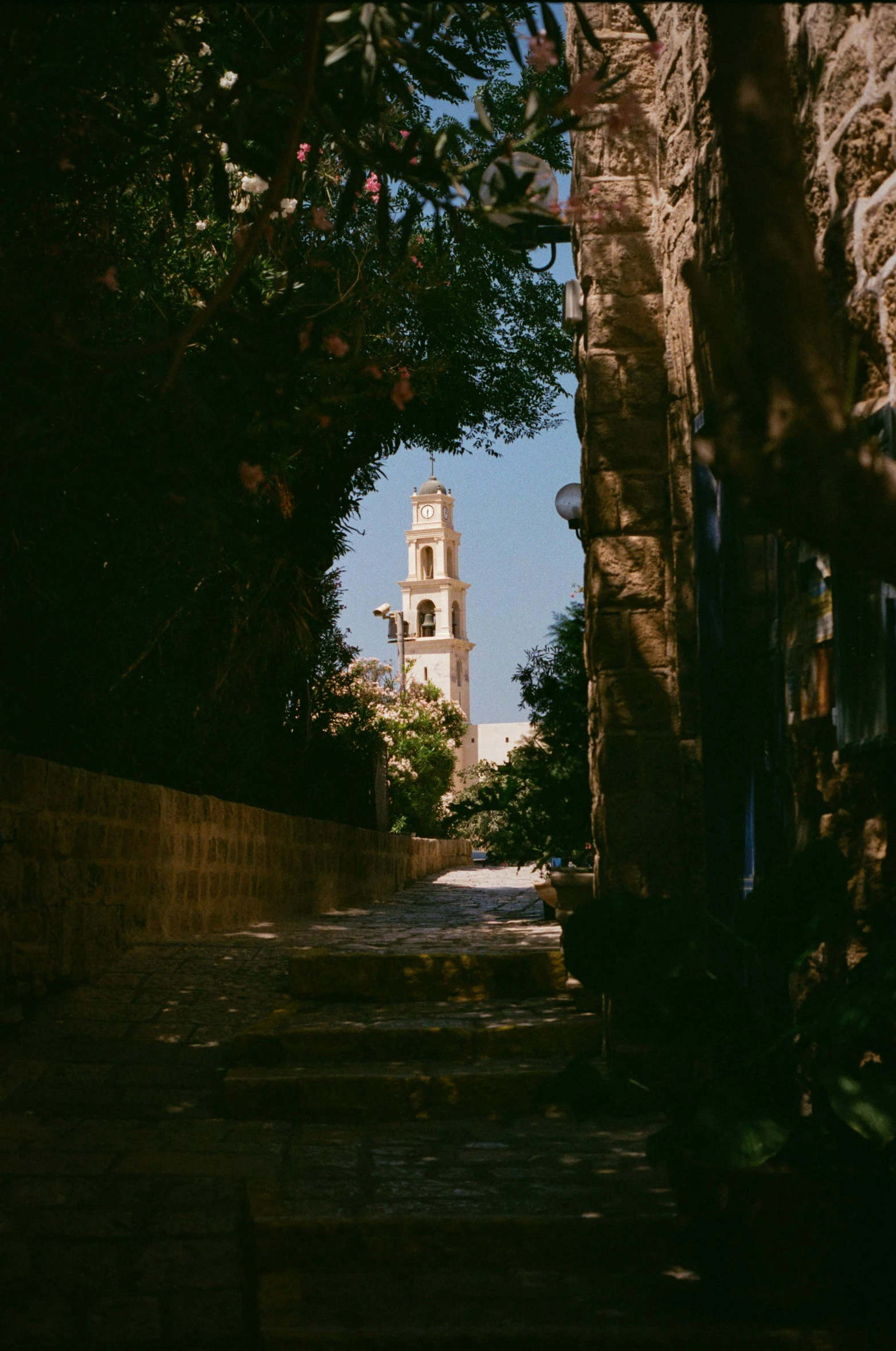 a brick road leads to an old church tower