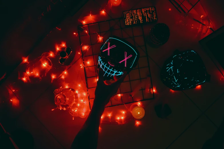 a neon lite party setting up with neon balls
