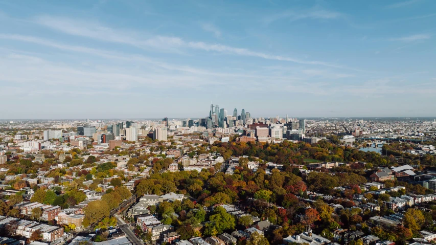 an aerial view of the city is shown