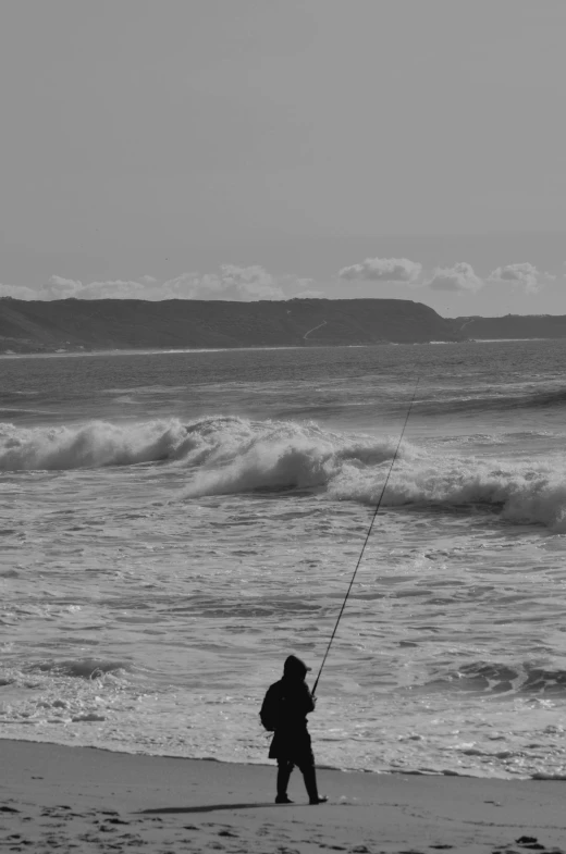 person on beach with pole next to ocean