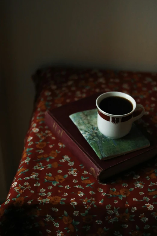 there is a coffee cup on top of the book