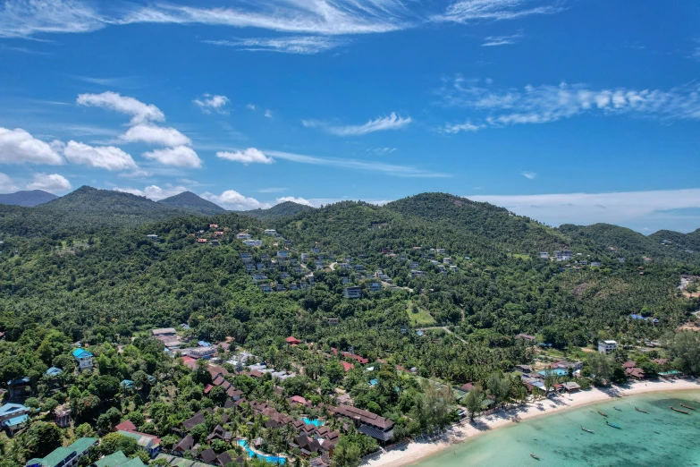 a beautiful beach with many houses surrounded by trees