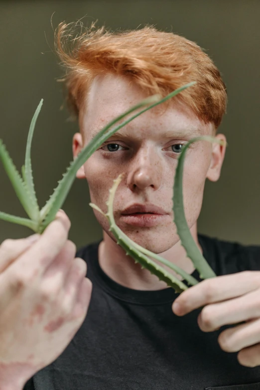 a man holds up a cactus plant to his face