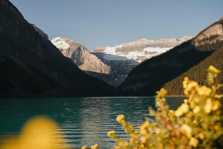 an alpine lake in front of mountains with water and greenery