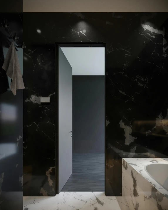 a bathroom that has a large mirror and black marble wall