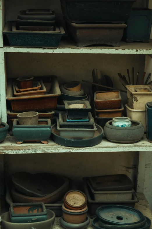 shelves are filled with different types of bowls and dishes