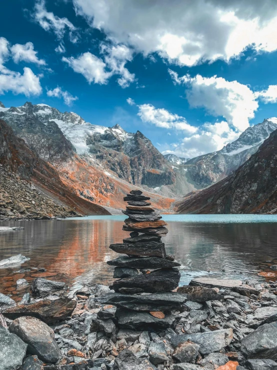 the mountains are in a line as they surround a lake