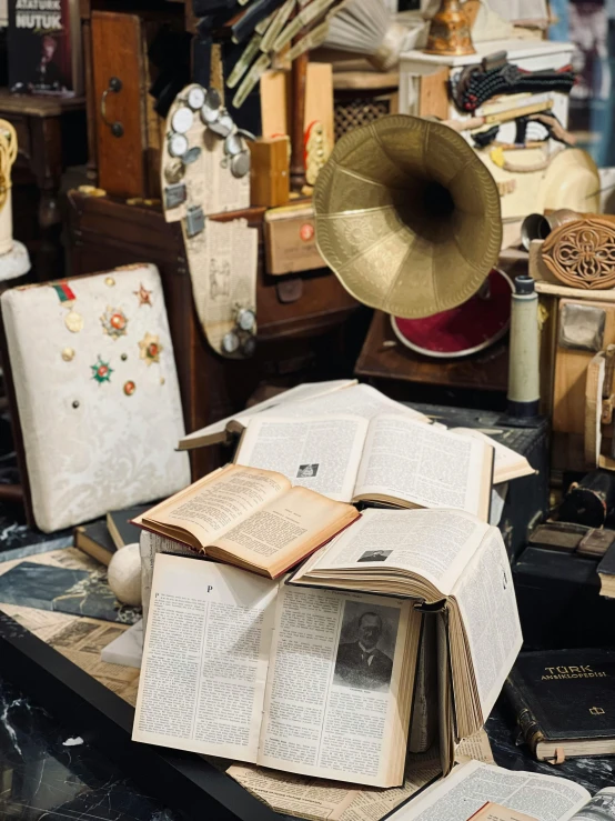 there is a collection of musical memorabilia on the table