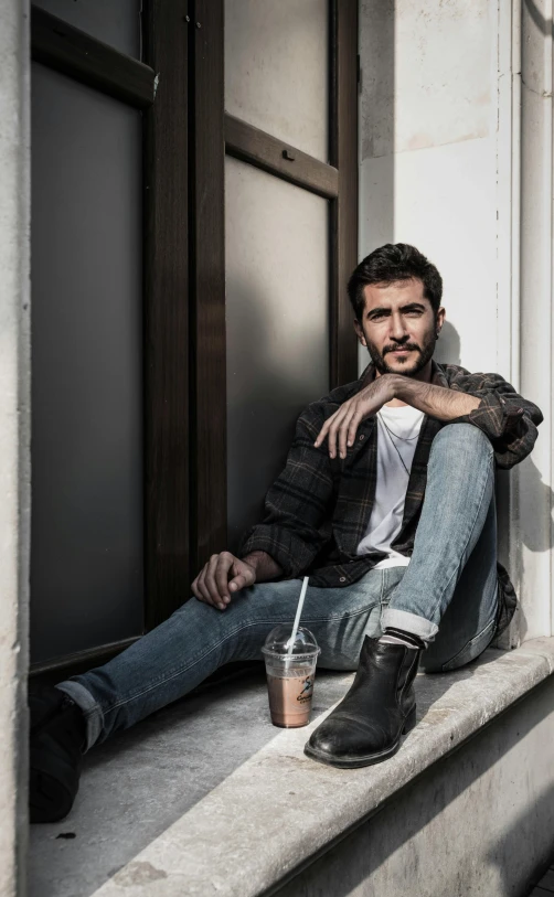 a man sitting on the edge of a ledge next to a drink