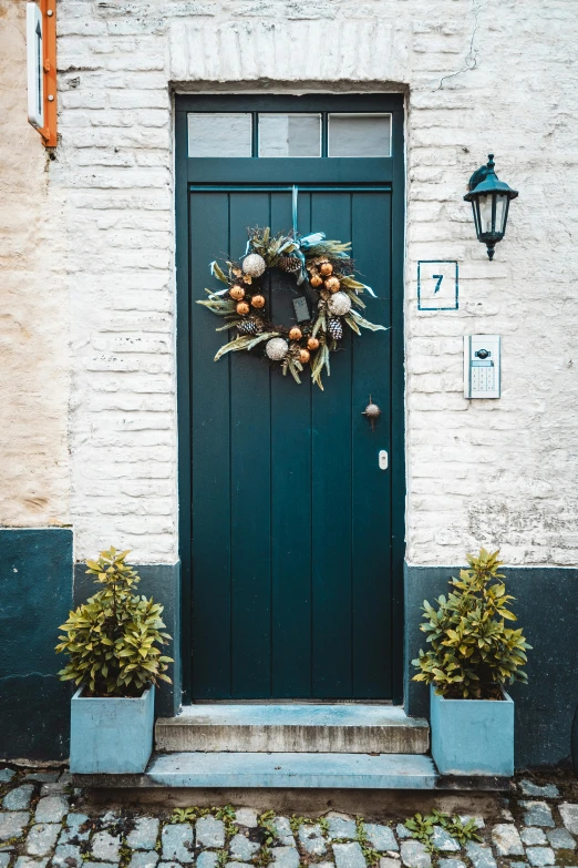 a door is decorated with a green wreath and plants