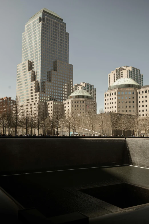 two building in the distance with water reflecting them