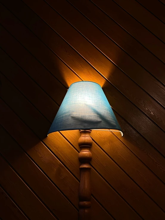 a lamp is on on a wooden floor in a room