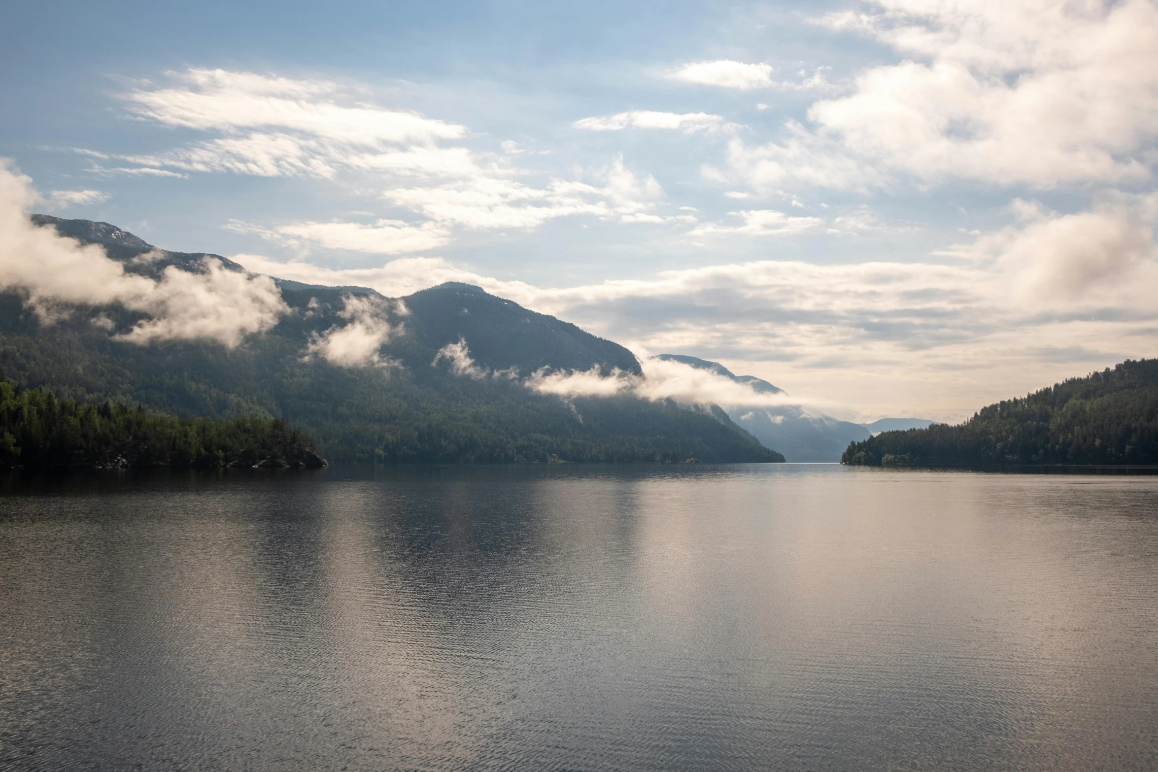 a lake on the shore of a forested mountain area