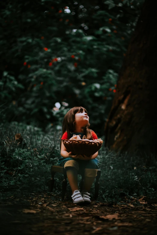 a little girl sitting on a bench in the woods