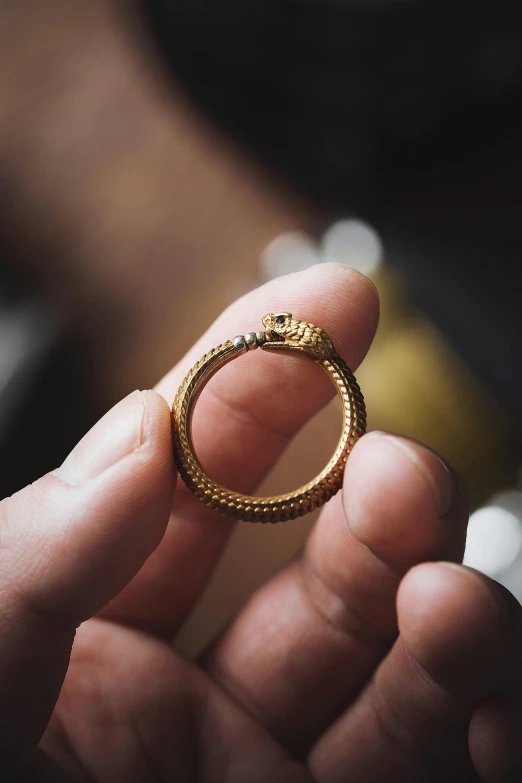 a hand holding an ornate gold ring