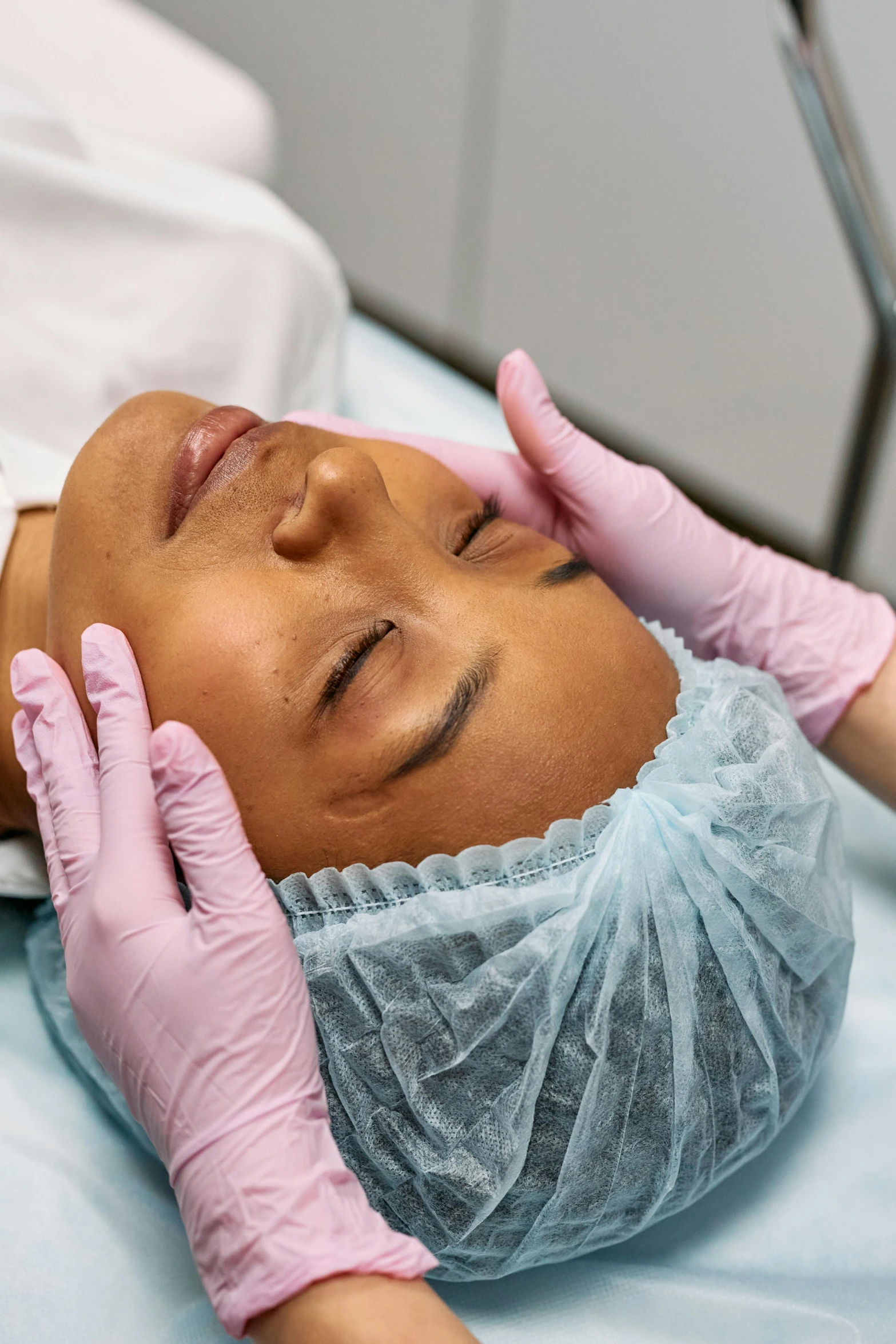 a woman with  equipment on her head