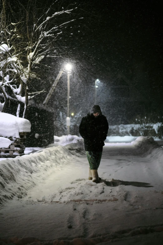 a person in a jacket is walking in the snow