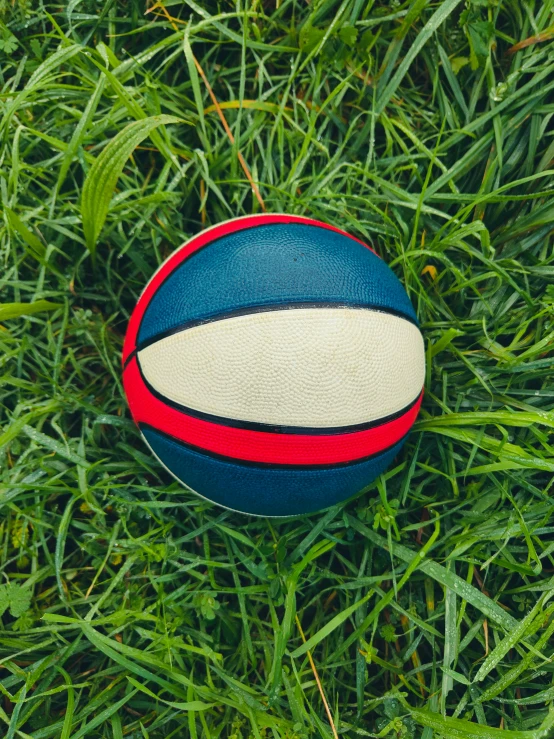 close up view of a blue and white soccer ball on the grass