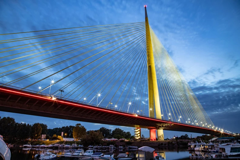 the illuminated cables and suspension bridge over the water