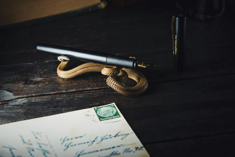 an envelope, pen, and snake on top of a wooden table