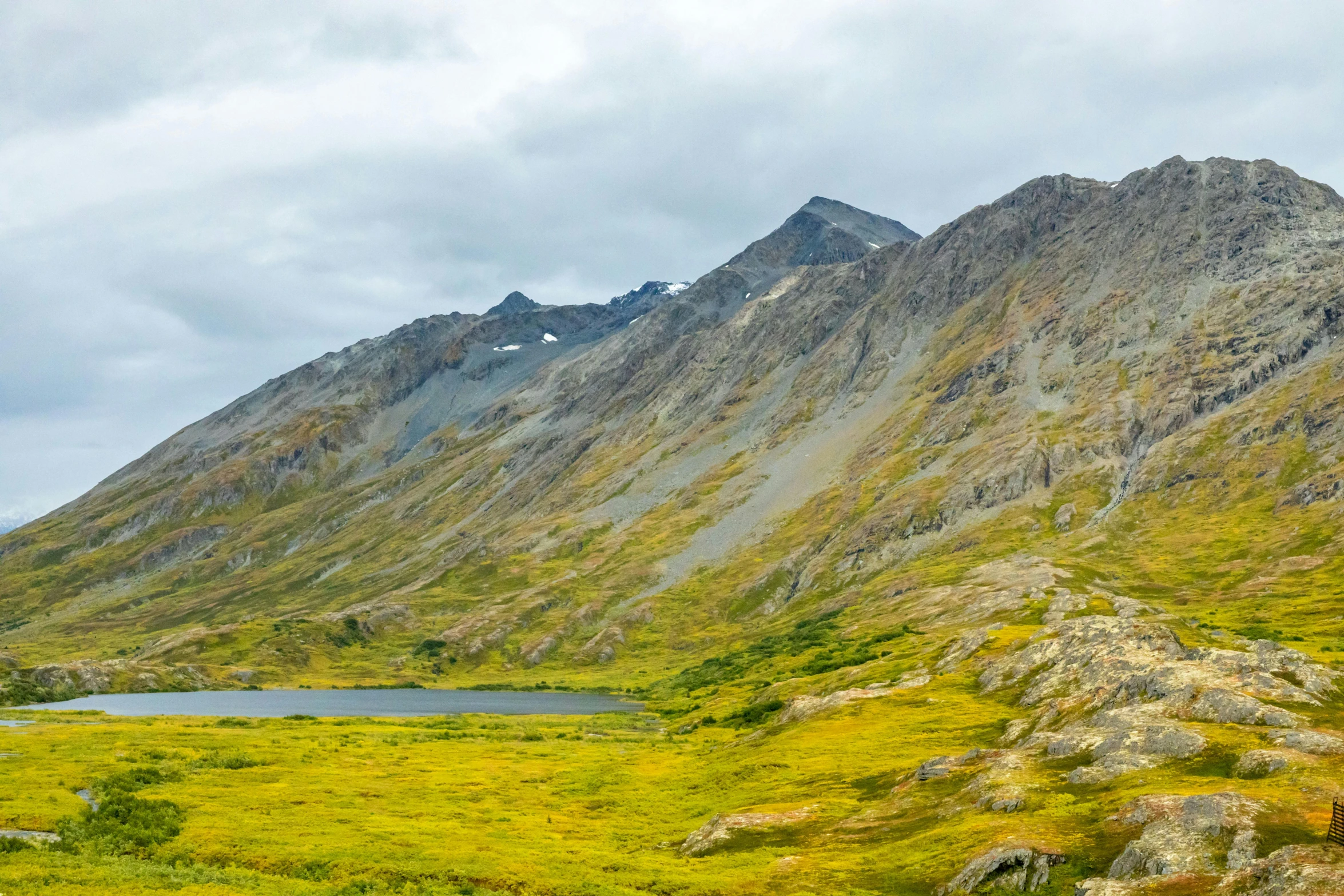 a large mountain and some green grass